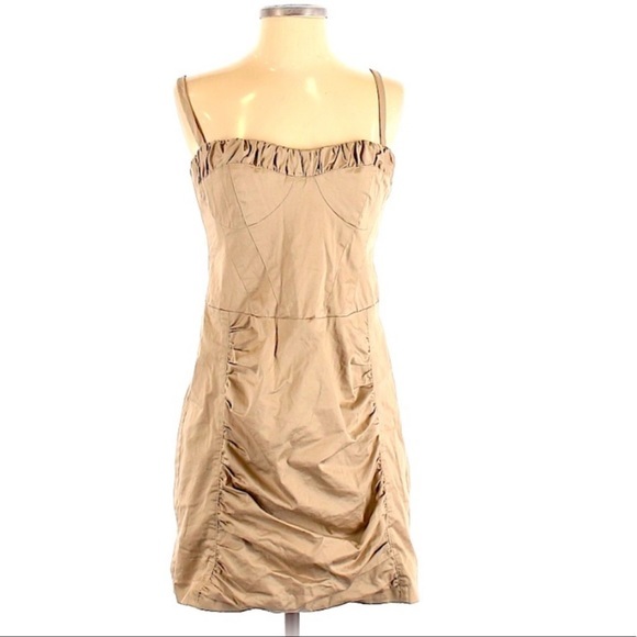 Nanette Lepore 6 Tan Retro Bodycon Bustier Detachable Straps Ruched Skirt Dress